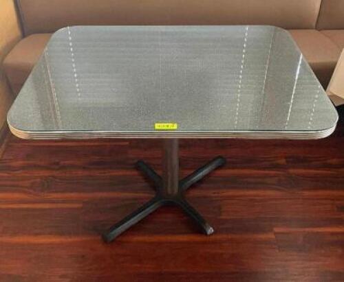 NAME: 41.5" DINING TABLE WITH GLASS PANEL TOP DESCRIPTION: 41.5" DINING TABLE WITH GLASS PANEL TOP ADDITIONAL INFORMATION: TABLE CLOTH NOT INCLUDED. C