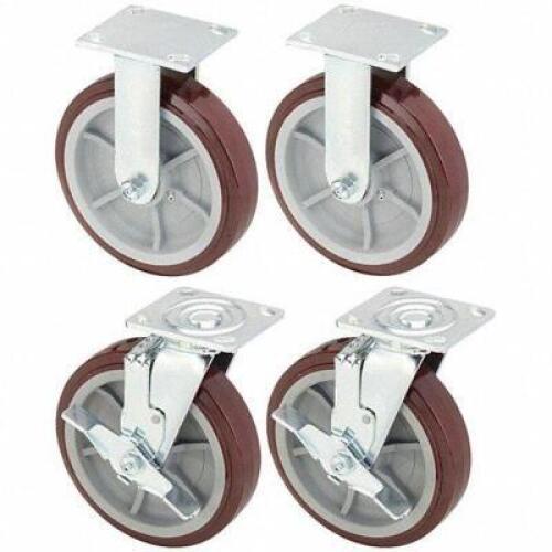 DESCRIPTION: (1) STANDARD PLATE CASTER KITBRAND/MODEL: GREENLEE #449U05INFORMATION: INCLUDES (2) RIGID CASTERS, (2) SWIVEL CASTERSRETAIL$: $307.44 EASIZE: 8" WHEEL DIAMETERQTY: 1