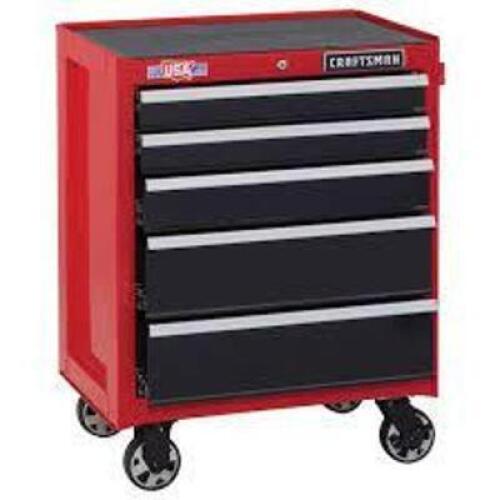 DESCRIPTION: (1) TOOL CABINET ROLLING TOOL BOX BRAND/MODEL: CRAFTSMAN #CMST22752RB INFORMATION: RED AND BLACK RETAIL$: $377.60 EA SIZE: 26", 5 DRAWER