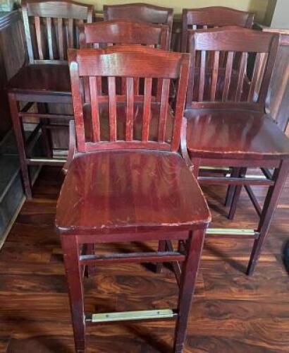 DESCRIPTION: (6) WOODEN BAR STOOLS ADDITIONAL INFORMATION&nbsp; SOLD BY THE PIECE SIZE 30" TALL LOCATION: BAR QTY: 6
