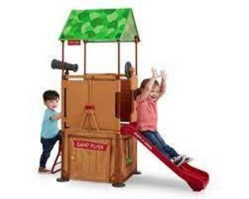 DESCRIPTION: (1) FOLDING TREE-TOP CLIMBER PLAYSET WITH SLIDE BRAND/MODEL: RADIO FLYER INFORMATION: WOOD, WITH LEAVES AND RED SLIDE RETAIL$: $199.99 EA