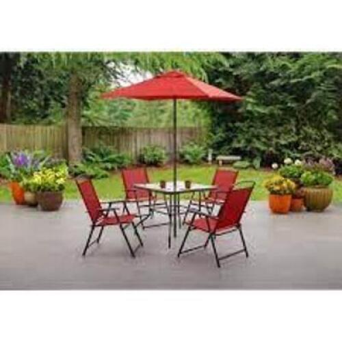 DESCRIPTION: (1) PATIO DINING SET BRAND/MODEL: MAINSTAYS, ALBANY LANE INFORMATION: RED RETAIL$: $159.00 EA SIZE: 6 PIECE QTY: 1