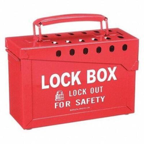 DESCRIPTION: (1) GROUP LOCKOUT BOXBRAND/MODEL: BRADY #5TA77INFORMATION: REDRETAIL$: $110.42 EASIZE: 13 PADLOCK CAPACITY, NO LOCKS INCLUDED, RED, STEEL BOX, 6 IN HT, 7 3/8 IN WD, 9 1/4 IN DPQTY: 1