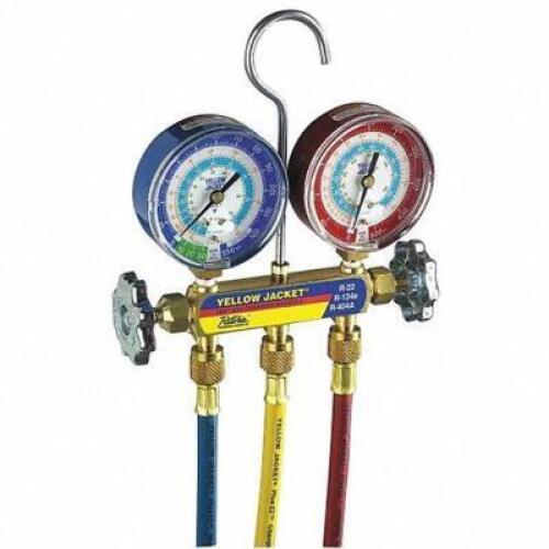 DESCRIPTION: (1) MECHANICAL MANIFOLD GAUGE BRAND/MODEL: YELLOW JACKET #29AU09 RETAIL$: 152.58 SIZE: 2 VALVES, R-134A/R-22/R-404A, 3 HOSES QTY: 1