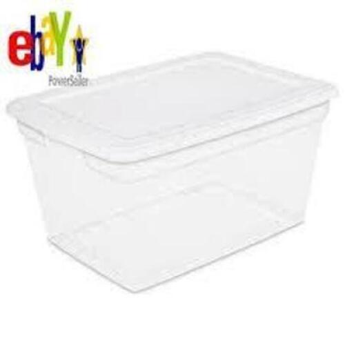 DESCRIPTION: (3) STORAGE BOXES BRAND/MODEL: STERILITE #1847 INFORMATION: CLEAR RETAIL$: $10.00 EA SIZE: 58 QT QTY: 3