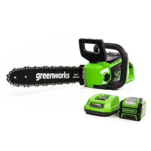 DESCRIPTION: (1) 40V BRUSHLESS CHAINSAW BRAND/MODEL: GREENWORKS/CSF403 INFORMATION: INCLUDES BATTERY & CHARGER RETAIL$: $168.00 QTY: 1