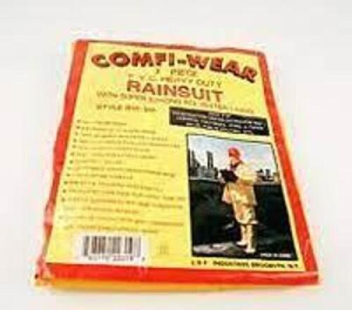 DESCRIPTION: (5) 3 PIECE RAIN SUIT BRAND/MODEL: COMFI-WEAR INFORMATION: YELLOW RETAIL$: $12.99 EA SIZE: 5XL QTY: 5