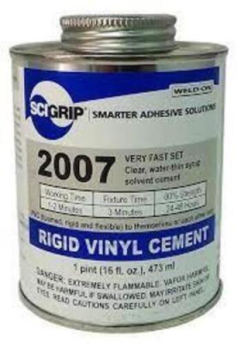 DESCRIPTION: (6) FAST SET RIGID VINYL CEMENT BRAND/MODEL: WELD ON #2007 RETAIL$: $25.00 EA SIZE: 16 FL OZ QTY: 6