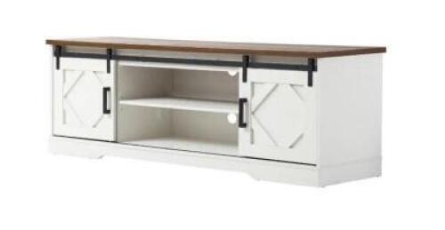 DESCRIPTION: (1) FARMHOUSE SLIDING BARN DOOR TV STAND BRAND/MODEL: WAMPAT INFORMATION: FITS UP TO 65" TV WITH ADJUSTABLE SHELF RETAIL$: 265.04 SIZE: 5