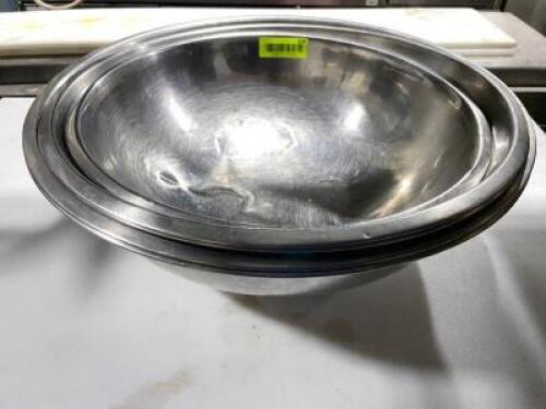 DESCRIPTION: (5) ASSORTED LARGE STAINLESS MIXING BOWLS SIZE 16" - 20" LOCATION: AREA #3 THIS LOT IS: SOLD BY THE PIECE QTY: 5