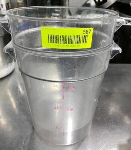 DESCRIPTION: (2) 4 LITER PLASTIC CONTAINER - NO LIDS SIZE 4 LITER LOCATION: AREA #2 THIS LOT IS: SOLD BY THE PIECE QTY: 2