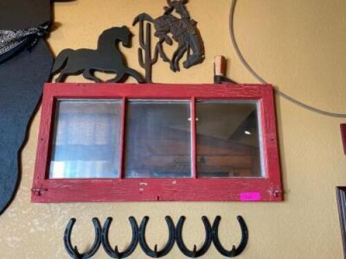 DESCRIPTION: FRAMED MIRROR, COAT HOOK, AND METAL HORSE LOCATION: SEATING THIS LOT IS: ONE MONEY QTY: 1