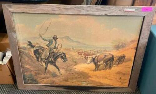 DESCRIPTION: 40" X 22" WESTERN THEME CANVAS PAINTING W/ BARNWOOD FRAME ADDITIONAL INFORMATION $75 PRICE TAG FROM 1990 LOCATION: SEATING QTY: 1