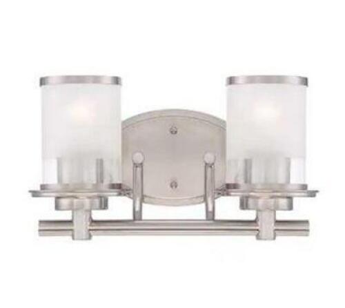 14.3 IN. TRUITT 2-LIGHT BRUSHED NICKEL TRANSITIONAL BATHROOM VANITY LIGHT WITH FROSTED GLASS SHADES