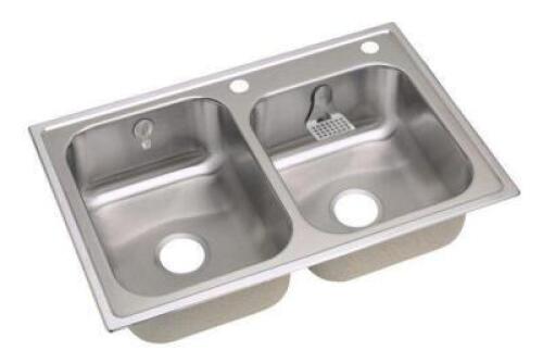ELKAY STAINLESS STEEL 33" X 22" X 8-1/4", 2-HOLE DOUBLE BOWL DROP-IN SINK KIT