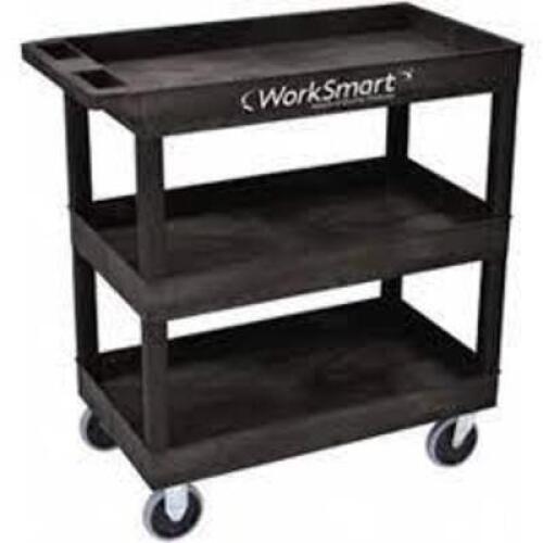 DESCRIPTION: (1) PLASTIC 3 SHELF ROLLING CART BRAND/MODEL: WORKSMART #WS-MH-PCAR-020 INFORMATION: BLACK RETAIL$: $193.41 EA SIZE: 35" X 18" X 35" QTY: