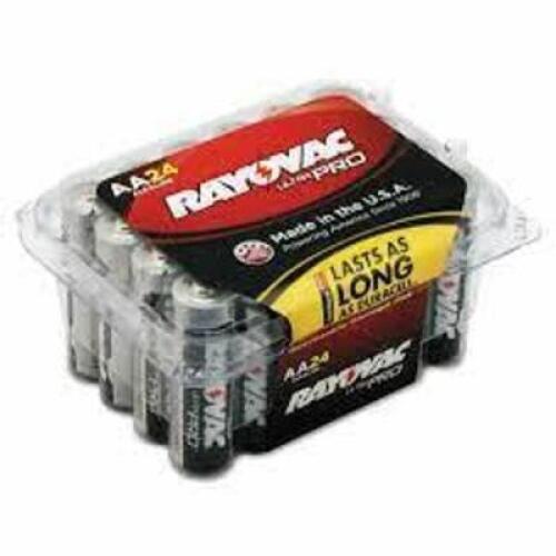 DESCRIPTION: (5) PACKS OF (24) ULTRA PRO ALKALINE BATTERIES BRAND/MODEL: RAYOVAC RETAIL$: $17.08 PER PACK SIZE: SIZE AA BATTERIES QTY: 5