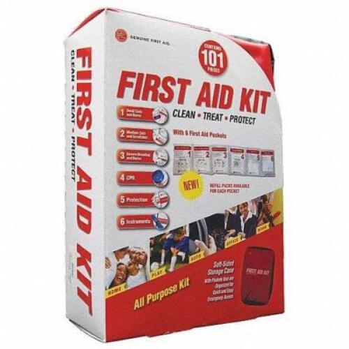 DESCRIPTION: (3) FIRST AID KIT BRAND/MODEL: GENUINE FIRST AID #34WK77 INFORMATION: RED RETAIL$: $13.88 EA SIZE: 101 COMPONENTS QTY: 3