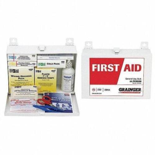 DESCRIPTION: (2) FIRST AID KITS BRAND/MODEL: PART NUMBER #49H363 INFORMATION: WHITE RETAIL$: $68.32 EA SIZE: SERVES 25 PEOPLE QTY: 2