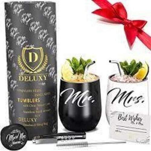 DESCRIPTION: (1) MR AND MRS WINE TUMBLER WEDDING GIFT SET BRAND/MODEL: DELUXY RETAIL$: $30.00 EA QTY: 1