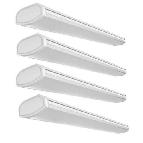 DESCRIPTION: (4) LOW PROFILE 4' INTEGRATED LED WHITE WRAPAROUND CEILING LIGHT DIRECT WIRE IN BRIGHT WHITE BRAND/MODEL: COMMERCIAL ELECTRIC RETAIL$: $5