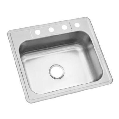 DESCRIPTION: DROP-IN STAINLESS STEEL 25" 4-HOLE SINGLE BOWL KITCHEN SINK BRAND/MODEL: GLACIER BAY RETAIL$: $109.00 QTY: 1