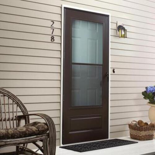 DESCRIPTION: 100 SERIES PLUS SELF-STORING STORM DOOR BRAND/MODEL: EMCO SIZE: 34"X80" RETAIL$: $228.00 QTY: 1