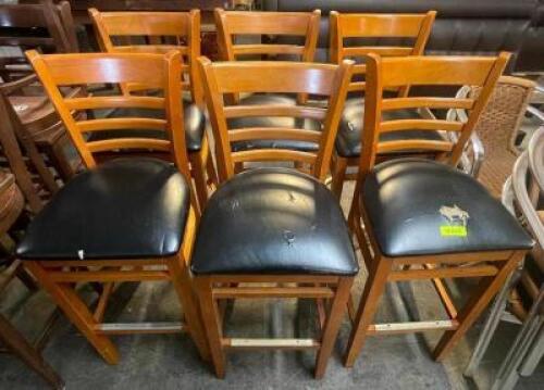 (6) 30" LADDER BACK BAR STOOLS W/ BLACK PADDED SEAT CUSHIONS