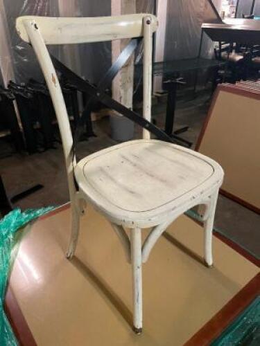 (8) WOODEN CHAIRS W/ CROSS BACK METAL STRAPS ( WHITE )