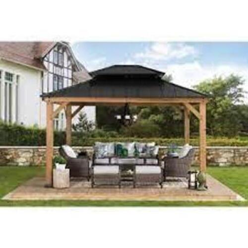 DESCRIPTION: (1) HARDTOP GAZEBO BRAND/MODEL: HAMPTON BAY #BG21UG04076 INFORMATION: BLACK WITH WOOD POSTS RETAIL$: $1649.00 TOTAL SIZE: 11' X 13' QTY: