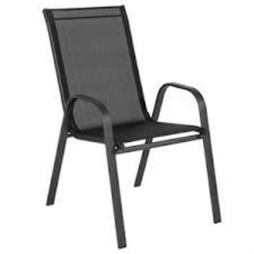 DESCRIPTION: (4) BRAZOS SLING STACKING PATIO CHAIRS BRAND/MODEL: FLASH FURNITURE INFORMATION: BLACK RETAIL$: $126.00 EA QTY: 4