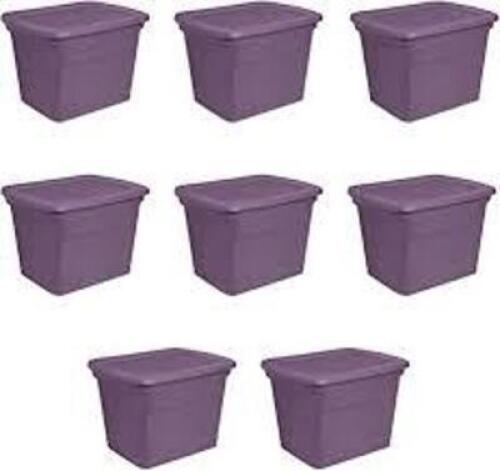 DESCRIPTION: (8) STORAGE TOTES BRAND/MODEL: STERILITE INFORMATION: PURPLE RETAIL$: $141.99 TOTAL SIZE: 18 GAL QTY: 8