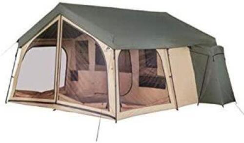 DESCRIPTION: (1) 14-PERSON SPRING LODGE CABIN CAMPING TENT BRAND/MODEL: OZARK TRAIL INFORMATION: 2 ROOMS WITH DIVIDER CURTAIN RETAIL$: $209 SIZE: 16.5