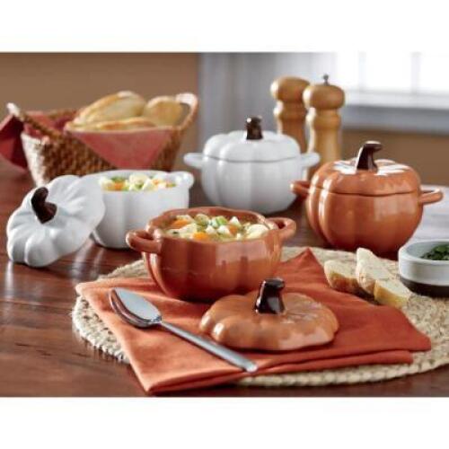 DESCRIPTION Set of 4 Pumpkin Soup Bowls with Lids CONDITION Brand New - In Box - Retail - $34.99 ADDITIONAL INFO Soup is served (along with other trea
