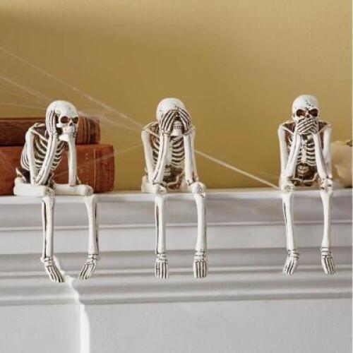 DESCRIPTION Set of 3 Skeleton Shelf Sitters CONDITION Appears New - Inspected Good - In Box - Retail - $44.99 ADDITIONAL INFO "See No Evil", "Hear No