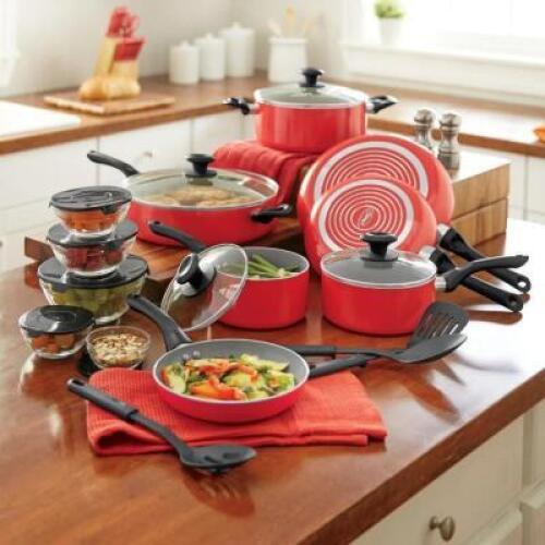 DESCRIPTION 24-Piece Ginnys Cookware Set - Red CONDITION Brand New - In Box - Retail - $129.99 ADDITIONAL INFO Sturdy aluminum construction with ceram