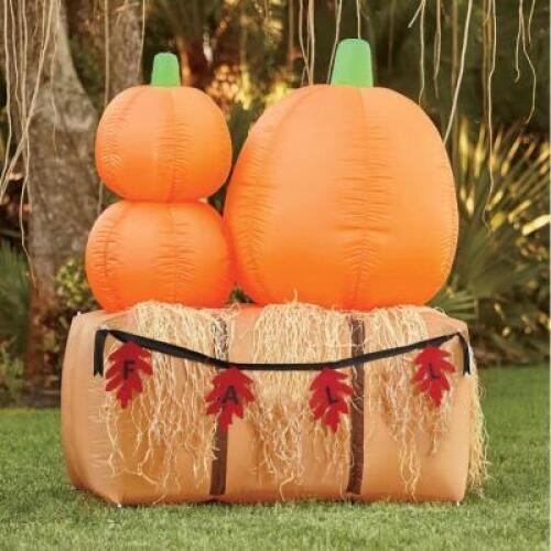 DESCRIPTION 6.5 FT Pumpkin On Hay Bale Inflatable CONDITION Inspected Good - In Box - Retail - $109.99 - Includes Inflatable, Power cord, and Blower A
