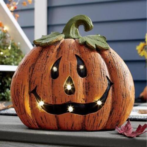DESCRIPTION LED Halloween Pumpkin CONDITION Appears New - Inspected Good - In Box - Retail - $44.99 ADDITIONAL INFO Distressed hand-painted ceramic pu