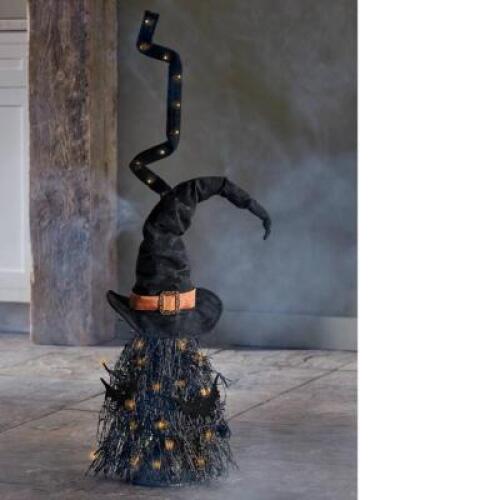 DESCRIPTION Lit Witch Broom Decor CONDITION Appears New - Inspected Good - In Box - Retail - $59.99 ADDITIONAL INFO Distressed witch's hat atop a broo