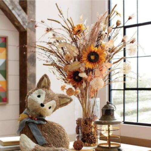 DESCRIPTION Large Harvest Arrangement with Pinecones CONDITION Brand New - In Box - Retail - $99.99 ADDITIONAL INFO Impressive fall fabric wildflowers