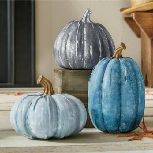 DESCRIPTION Set of 3 Rustic Resin Pumpkins CONDITION Brand New - In Box - Retail - $54.99 ADDITIONAL INFO Handcrafted textural resin pumpkins with a d