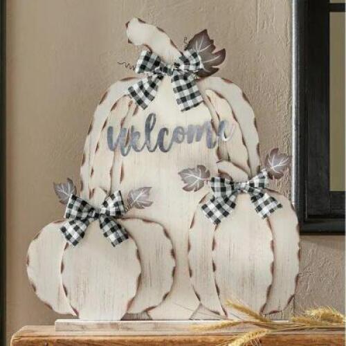 DESCRIPTION Wood Welcome Pumpkin Decor CONDITION Appears New - Inspected Good - In Box - Retail - $49.99 ADDITIONAL INFO Handcrafted dimensional pumpk