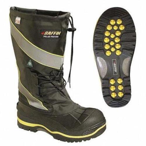 DESCRIPTION: (1) PAIR OF MINER BOOT FOOTWEAR BRAND/MODEL: BAFFIN #21A236 INFORMATION: BLACK WITH YELLOW RETAIL$: $260.58 PER PAIR SIZE: 15, MENS QTY: