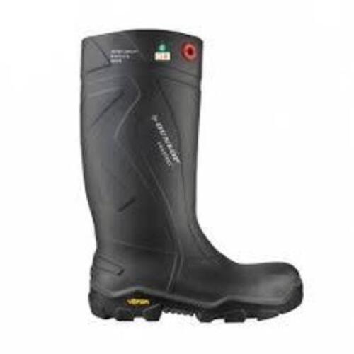 DESCRIPTION: (1) PAIR OF WORK BOOTS WITH EXPANDER AND VIBRAM SOLE BRAND/MODEL: DUNLOP #EC02A33 INFORMATION: BLACK RETAIL$: $272.00 PER PAIR SIZE: 13 M