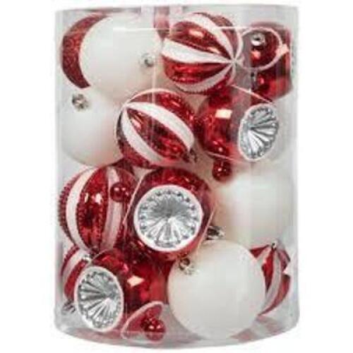 DESCRIPTION: (1) SET OF (30) CHRISTMAS TREE DECORATIVE BALL SET BRAND/MODEL: POPVCLY INFORMATION: RED AND WHITE RETAIL$: $33.59 TOTAL SIZE: MULTI QTY:
