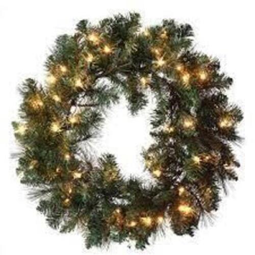 DESCRIPTION: (1) PRE-LIT SCOTTSDALE WREATH BRAND/MODEL: HOLIDAY TIME INFORMATION: GREEN WITH CLEAR LIGHTS RETAIL$: $9.98 EA SIZE: 24" QTY: 1