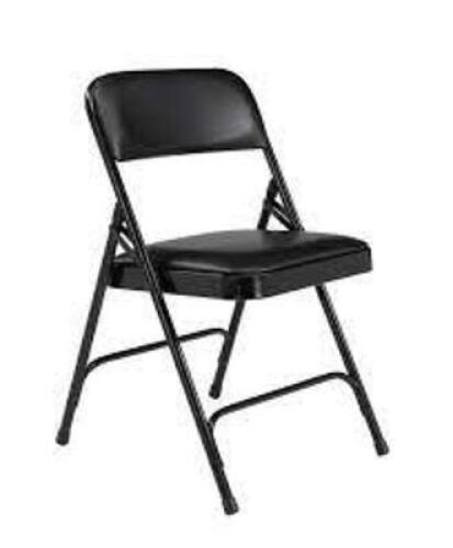 DESCRIPTION: (4) VINYL UPHOLSTERED PREMIUM FOLDING CHAIRS WITH DOUBLE HINGES BRAND/MODEL: NATIONAL PUBLIC SEATING #1210 INFORMATION: BLACK RETAIL$: $1