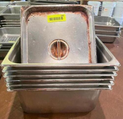 (6) HALF SIZE STAINLESS INSERTS W/ LIDS
