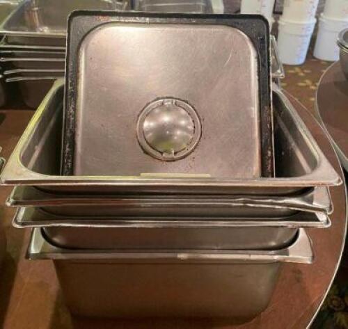 (6) HALF SIZE STAINLESS INSERTS W/ LIDS