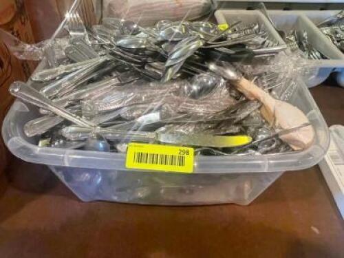 PLASTIC CONTAINER W/ ASSORTED SILVERWARE.